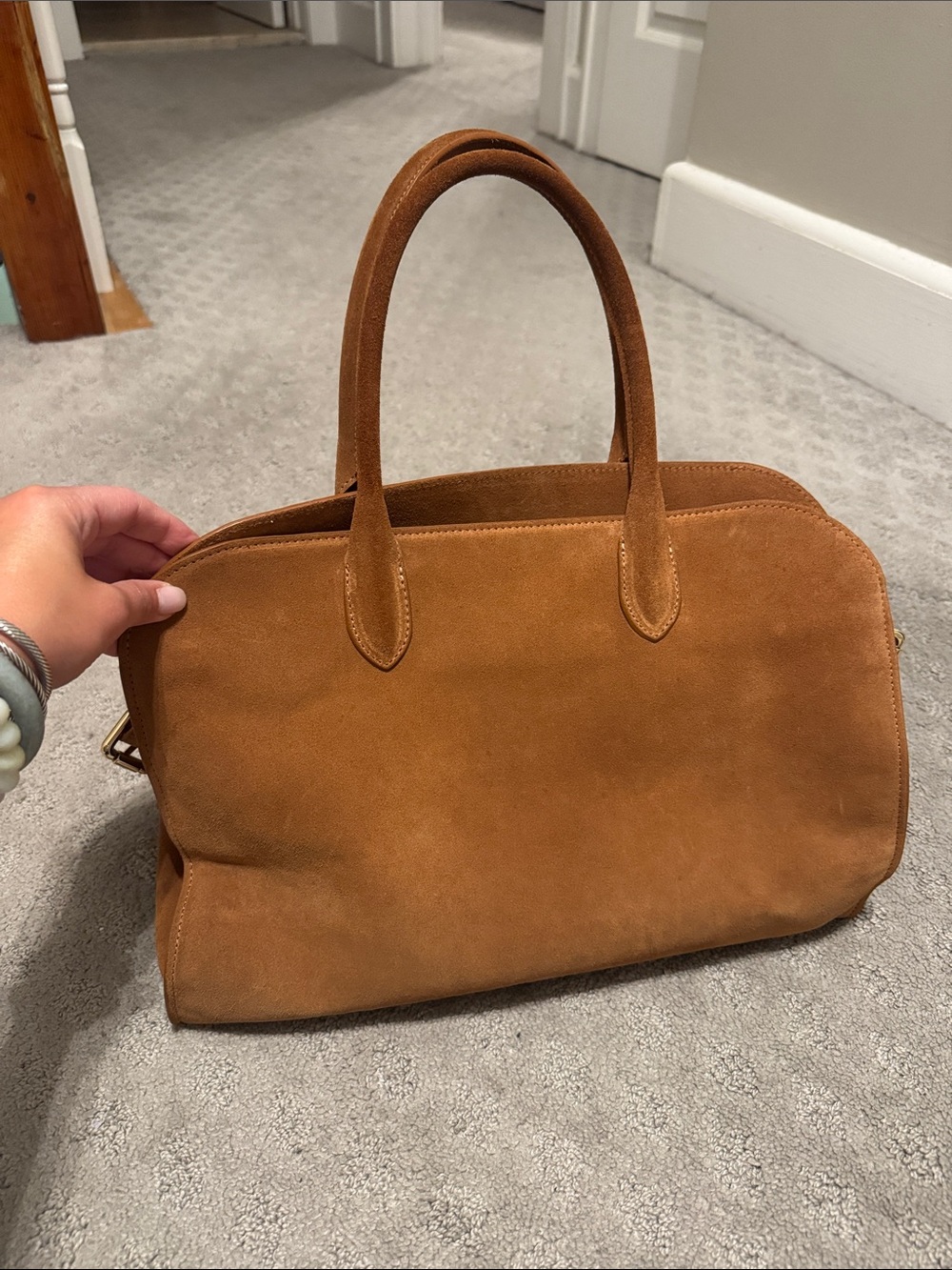 Classic Suede Satchel in Camel Brown